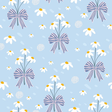 Seamless vector floral pattern. Cute, pastel blue background with daisy flowers and bows. Soft and charming surface design for kids, girls, and cheerful spring-inspired projects.