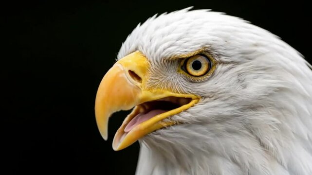 Closeup of a bald eagles head showcasing its white feathers yellow beak and intense yellow eye set against a dark background