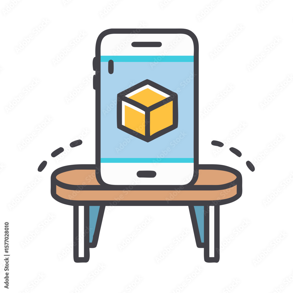 Poster smartphone displaying a 3d cube on a small table