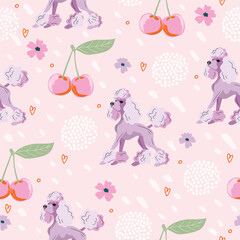 Seamless vector dog pattern. Cute, pastel background with purple poodles, flowers, and cherries. Playful and stylish surface design for kids, girls, and fun fashion-inspired projects.