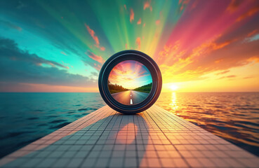 Warm sunset sky with road disappearing into horizon. Circular patterned road mirrors sky, creating depth, reflection. Sun casts vibrant glow of pink, orange, yellow hues. Unique material road with