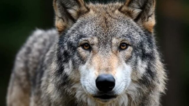 Closeup of a gray wolf with intense brown eyes dark nose and slightly open mouth revealing teeth