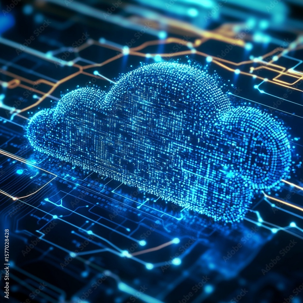 Poster digital blue cloud floating above a circuit board, symbolizing cloud computing and modern technology