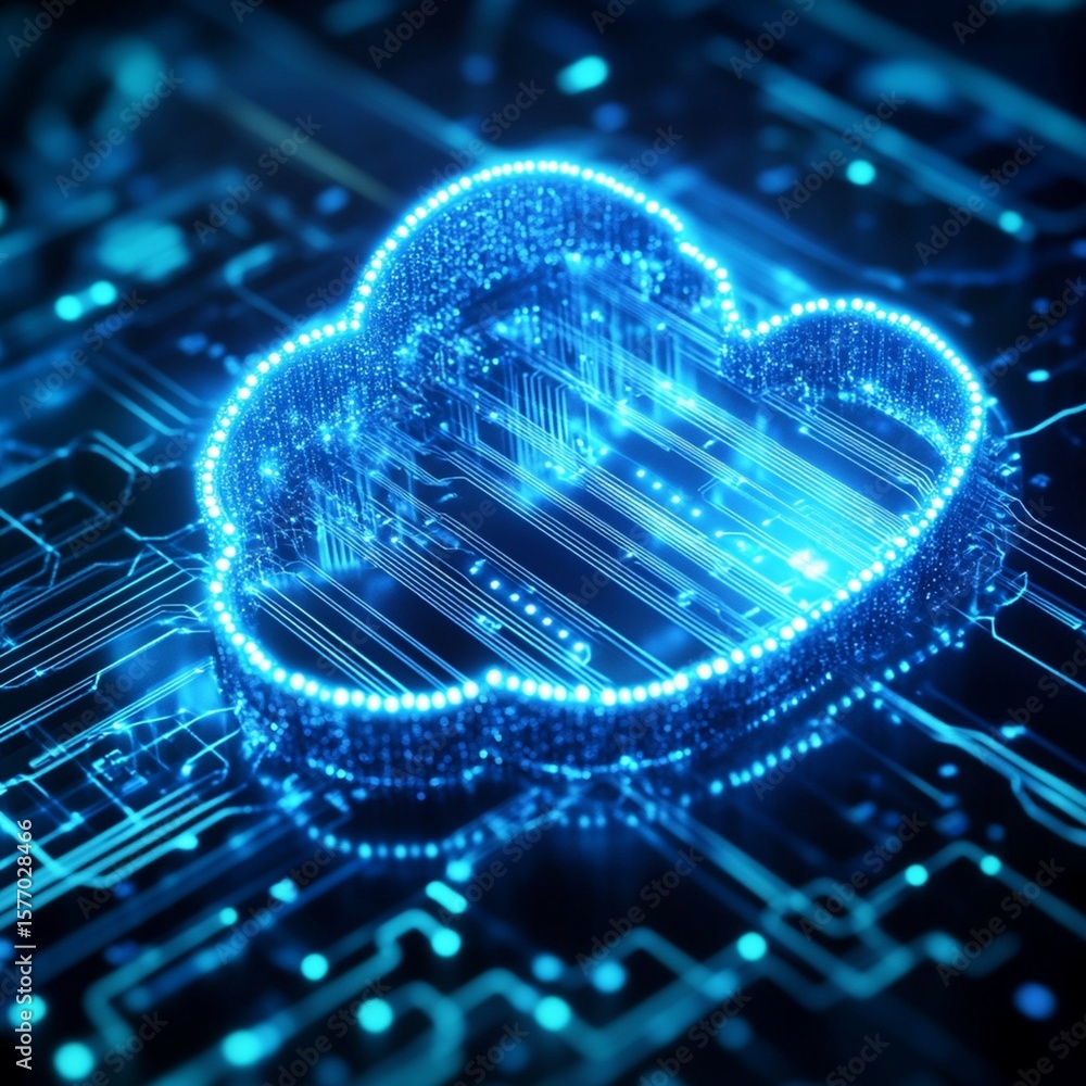 Poster cloud computing concept, a digital cloud symbol glowing with blue light over a circuit board backgro