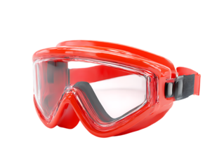 Bright red protective goggles with a black strap isolated on transparent background