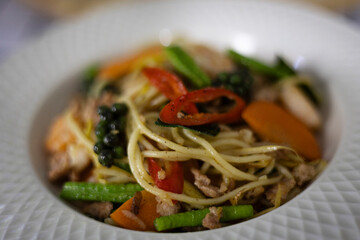 Spaghetti Pad Thai Herbs with Spicy Minced Pork