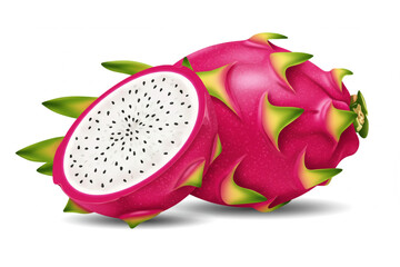 A detailed graphic shows a vibrant dragon fruit, split open to reveal its speckled interior, ideal for food-related designs.