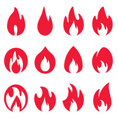 Collection of six stylized red and orange gradient flame icons in a clean silhouette style