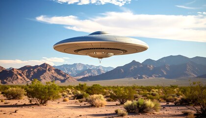 A silver UFO hovers over a desert landscape under a vibrant sky