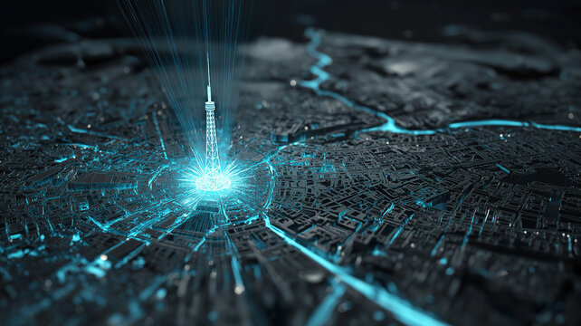 Futuristic Blue Power Grid Failure on Digital City Map