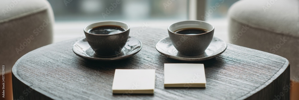 Poster calm negotiation setting with coffee cups and notes on a side table during a quiet afternoon