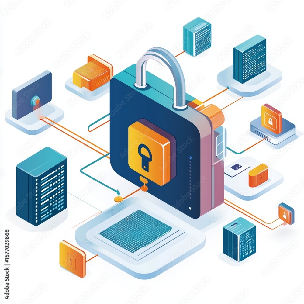 Poster data security illustration displays network protection and cybersecurity with interconnected devices