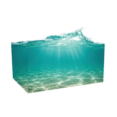 Obraz premium Crystal clear turquoise ocean water with subtle ripples and a dynamic peaking wave crest, illuminating a pristine sandy seabed with penetrating sunbeams, isolated on a transparent background, concept