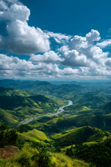 Naklejka premium A Majestic Panoramic Vista with Rolling Hills and Serene River Under a Brilliant Azure Sky