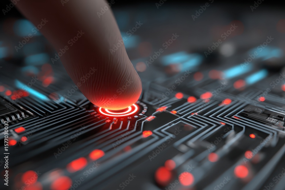 Poster finger presses glowing red button on hi-tech circuit board. symbolizes activating systems, unlocking