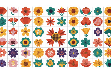 Blooming botanical garden featuring a stylized floral pattern, perfect for spring designs and textile projects showing colorful, geometric flowers.