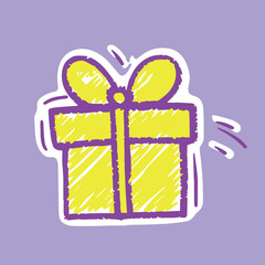 The hand—drawn icon is a bright yellow gift with a purple ribbon on a lilac background, a symbol of celebration and surprise.
