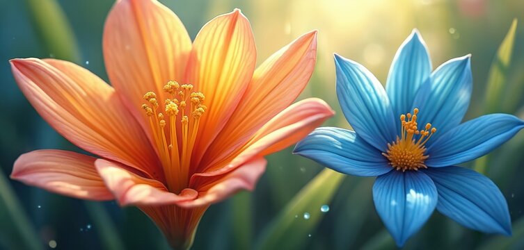 Close-up of two flowers in sharp focus on blurred garden background. Orange daisy with yellow petals, blue rose with yellow centers create striking contrast. Natural setting for floral display.