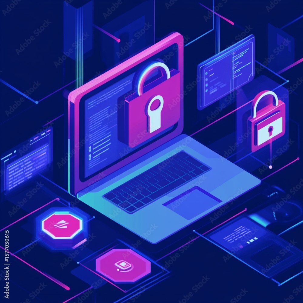 Poster futuristic data protection depicted with a laptop and padlock in a secure digital environment for ne