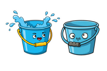 Playful cartoon buckets with water splash, ideal for creative designs or children's media with a fun, aquatic or educational theme.