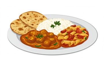 Delicious food on a white plate including naan bread, rice, curry meatballs, and tomato pasta, great for food blogs and menu designs.