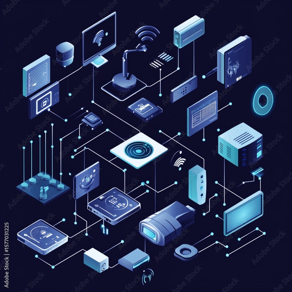 Poster visualization of smart home devices connected in a network, illustrating modern technology and autom