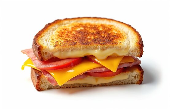 Grilled cheese sandwich on white plate, blurred background. Two slices of golden-brown bread with melted cheese, red tomato slice. Freshly baked, hot, crispy, toasted, street food, breakfast, snack. - Powered by Adobe