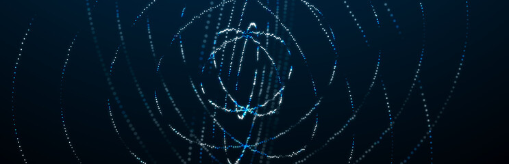 Abstract 3D illustration with cells of viruses, bacteria on dark background. Background with dots and lines. 3D