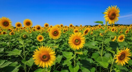 Obraz premium Vast Field of Vibrant Sunflowers Under a Clear Blue Sky on a Sunny Day
