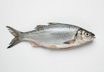 A single fresh silver fish with detailed scales and fins isolated on white background