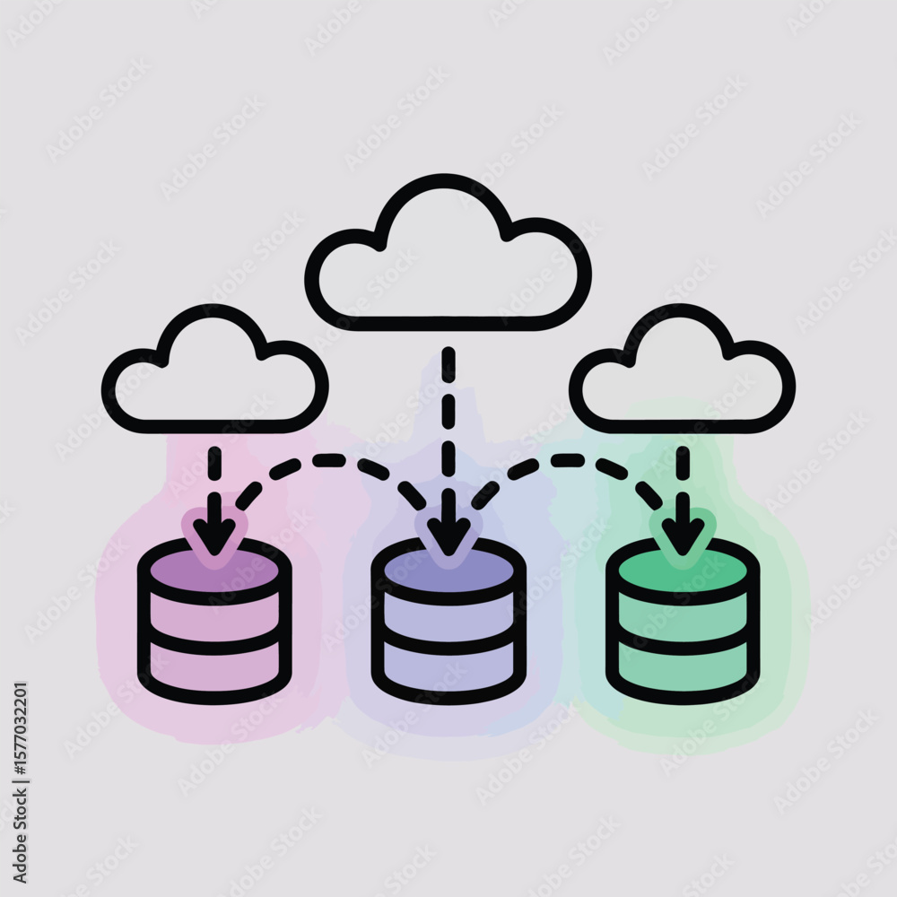 Poster three pastel colored database cylinders receiving data downloads from three black outlined cloud ico