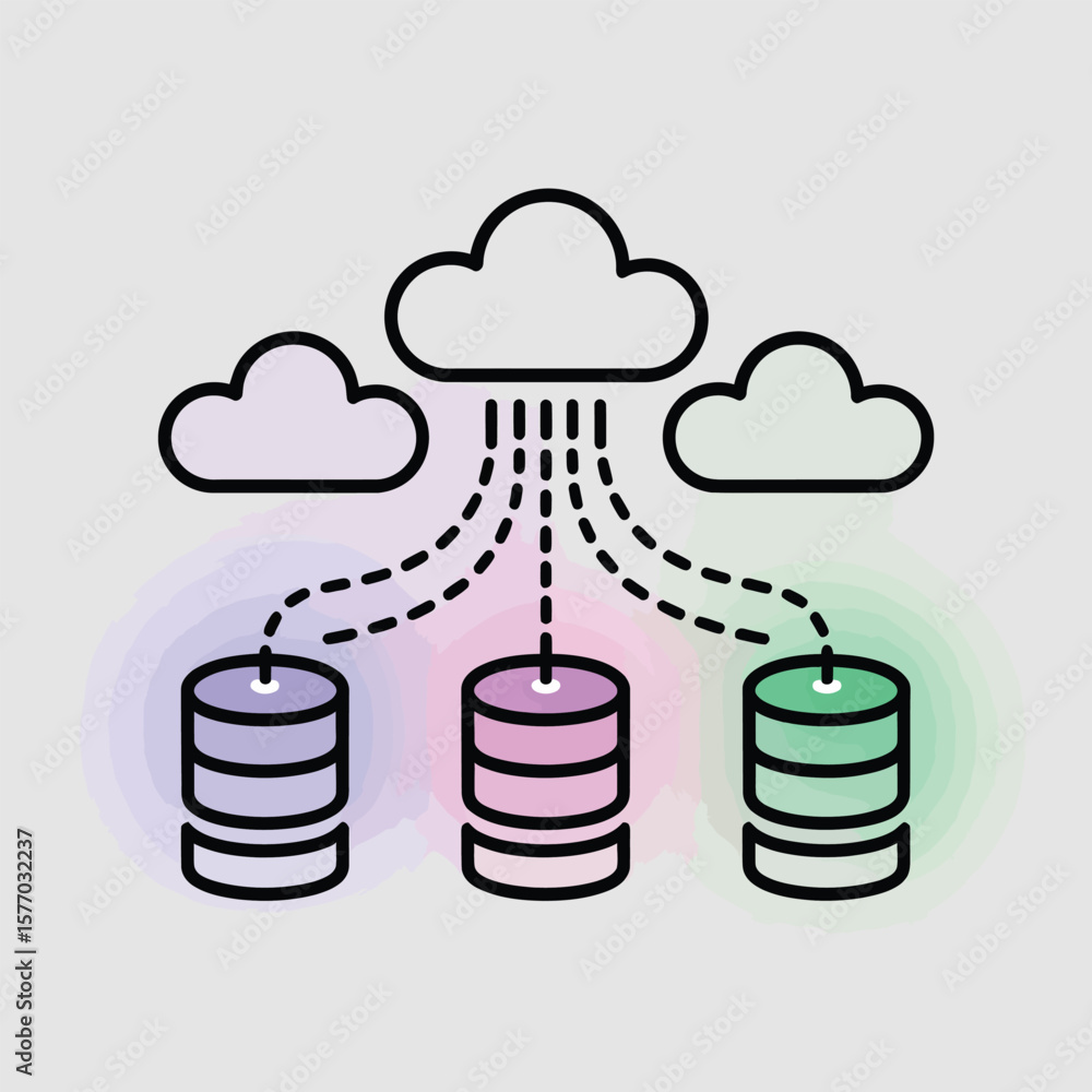 Poster three pastel colored database servers synchronizing data from three clouds line art style illustrati