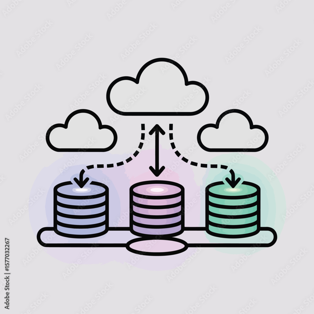 Poster three pastel database servers syncing data with a central cloud server uploading and downloading inf