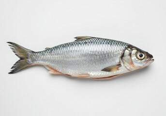 Fototapeta premium A single freshwater fish with silver scales and sharp teeth isolated on white background