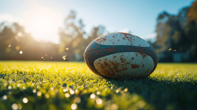 Rugby ball resting on dewy grass field during a golden hour sunrise with bokeh effect
