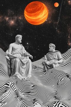 Surreal Collage of Philosophers Plato and Aristotle in Cosmic Landscape