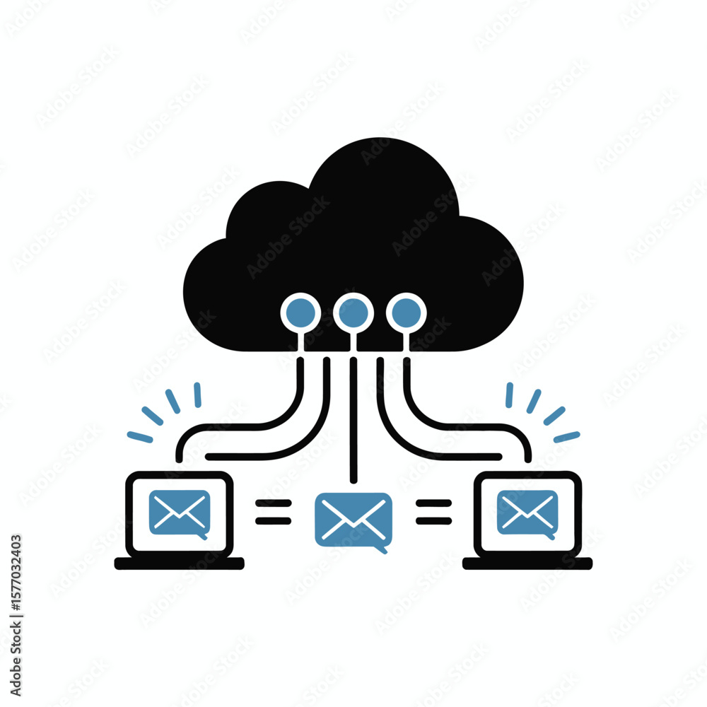 Poster three teal email icons on black laptops connected to a black cloud icon via teal lines on white back