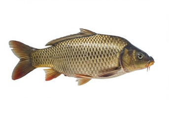 Fototapeta premium A detailed view of a common carp fish with golden scales isolated on white background