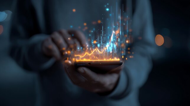 a real young man holding a smartphone with glowing hologram interface showing stocks and crypto prices, modern fintech concept, photorealistic, digital art