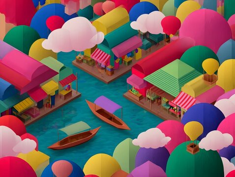 A colorful and whimsical landscape with charming buildings boats and hot air balloons - Powered by Adobe
