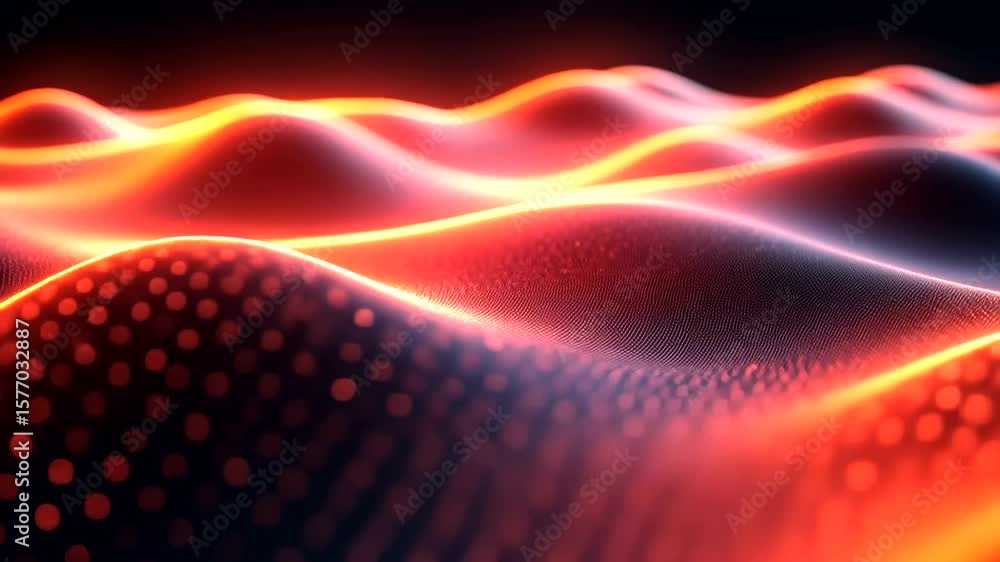 Poster abstract red wavy landscape with glowing dots for futuristic tech backgrounds or visualizations