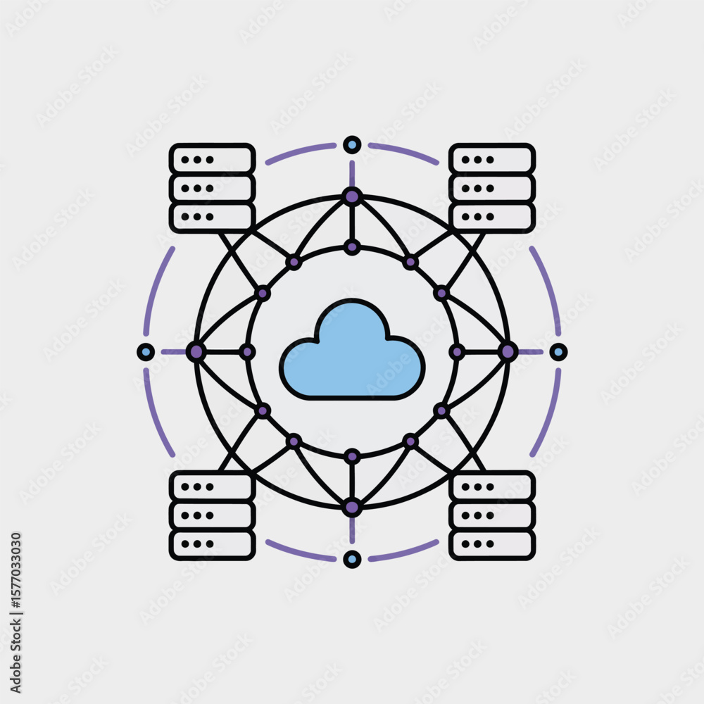 Poster vector illustration centralized cloud computing system four servers connected light blue cloud netwo