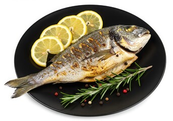 Whole roasted fish with lemon slices and rosemary isolated on white background