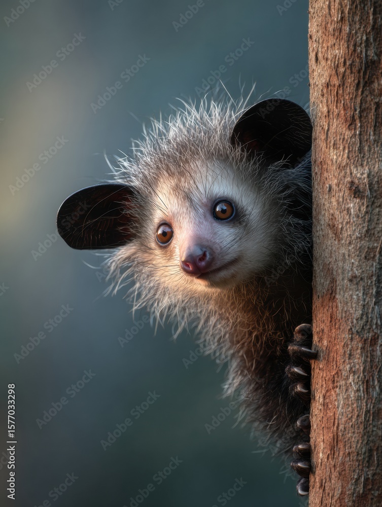 Poster aye-aye explores tree branches at dusk with soft background highlighting unique features