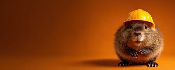 Surprised-looking beaver in a yellow hard hat poses against a warm orange backdrop, symbolizing work safety with a humorous twist.
