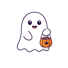 Spooky Ghost: A friendly cartoon ghost holds a Halloween candy bucket, radiating a sense of playful, ghostly charm. Perfect for Halloween celebrations and cheerful themes.