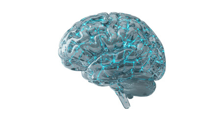 A highly intricate, transparent digital brain model, like polished glass, with glowing blue and cyan nodes and pulsating neural lines, on a transparent background with copy space, concept of