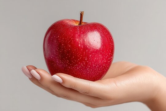 A hand is holding a shiny, ripe red apple against a gray backdrop. Perfect for health, diet, or food-related design projects. - Powered by Adobe