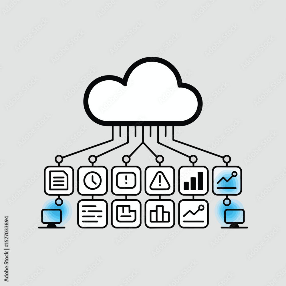 Poster white cloud icon networked with black outline squares showing data documents clocks exclamation poin
