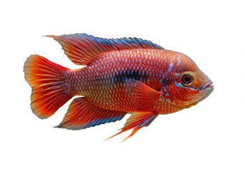 Fototapeta premium Vibrant red and blue cichlid fish displaying intricate scale patterns isolated on white background